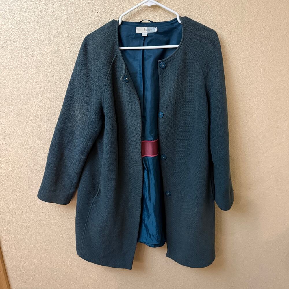 Boden Textured Cotton Collarless peacoat deep teal 10 coastal grandma chic *flaw